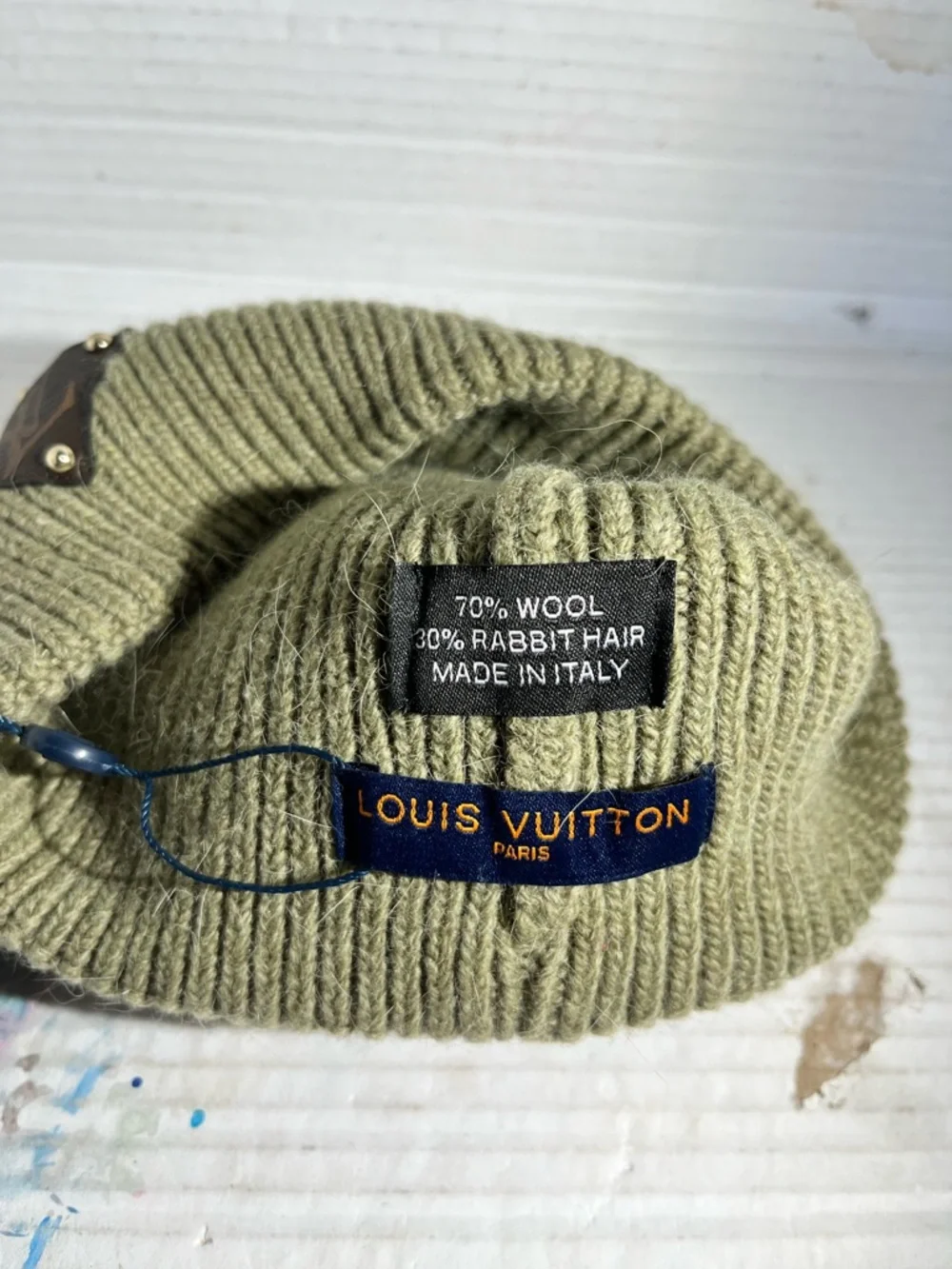 Louis Vuitton Olive Ribbed Wool Beanie with LV Leather Patch - Picture 3 of 3